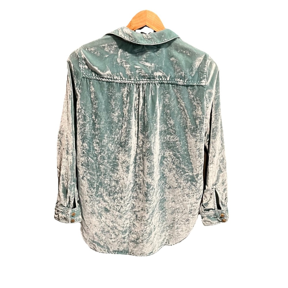 Pilcro Hadley Green Relaxed Long Sleeve Velvet Women's Button Up Top Size 0P - Picture 2 of 5